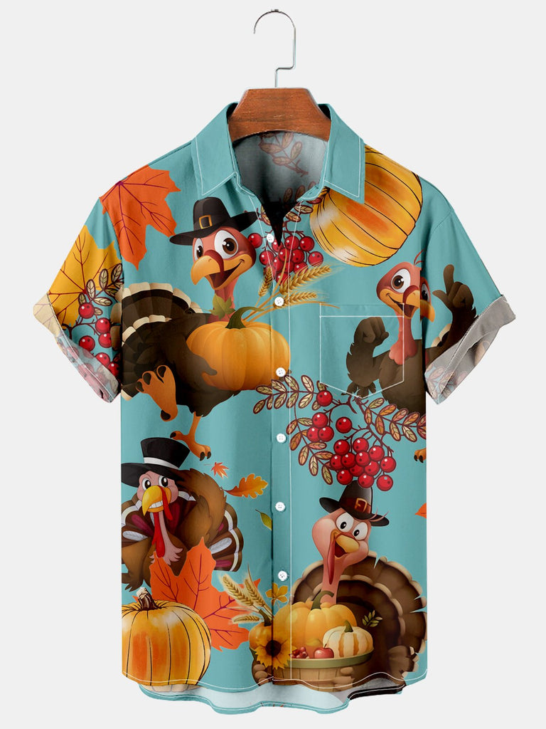 Men's Thanksgiving Fun Turkey Print Short Sleeve Shirt Cyan / M