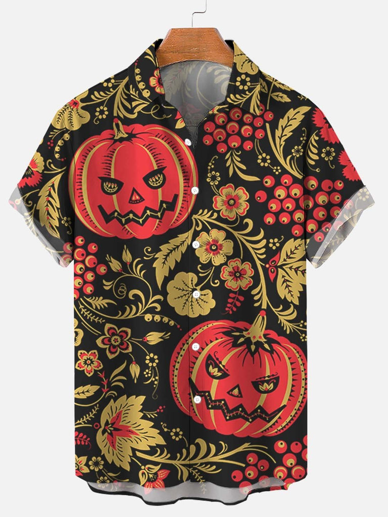 Floral Pumpkin Men's Casual Short-Sleeve Shirt Black / M