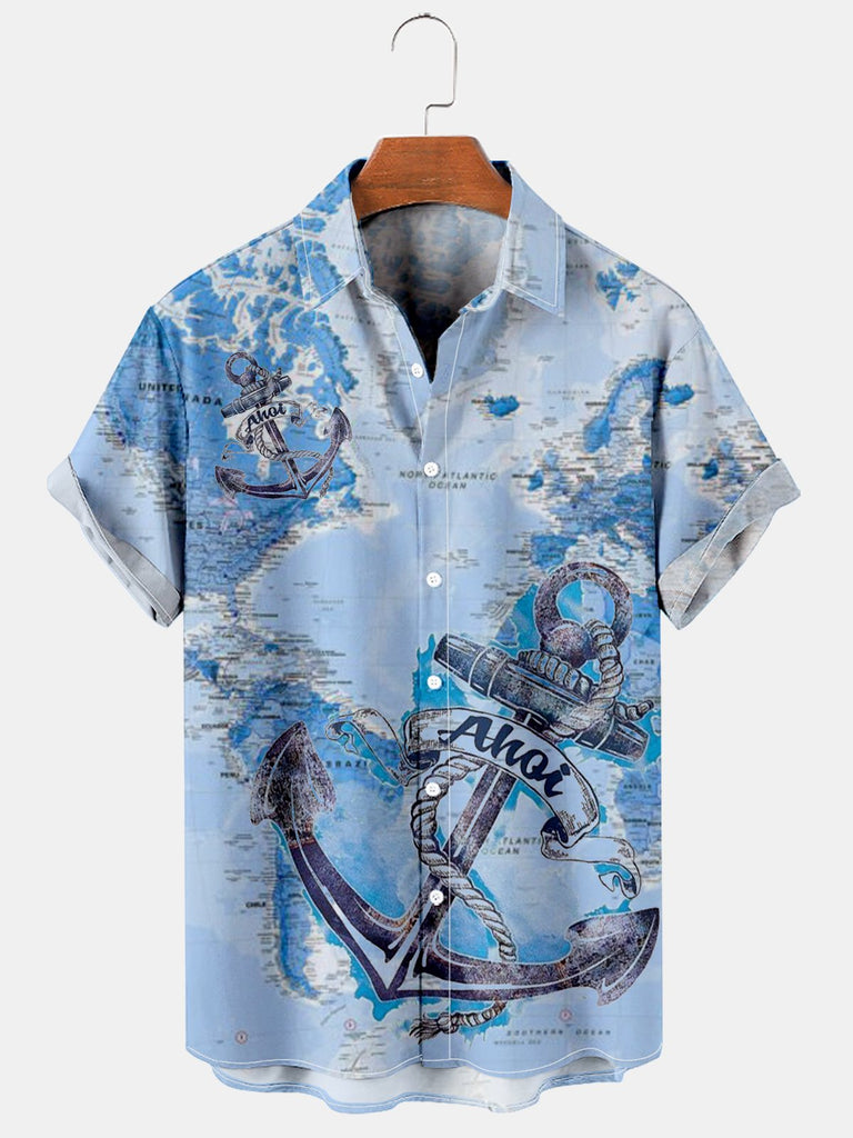 Men's Retro Anchor Print Casual Short Sleeve Shirt Blue / M